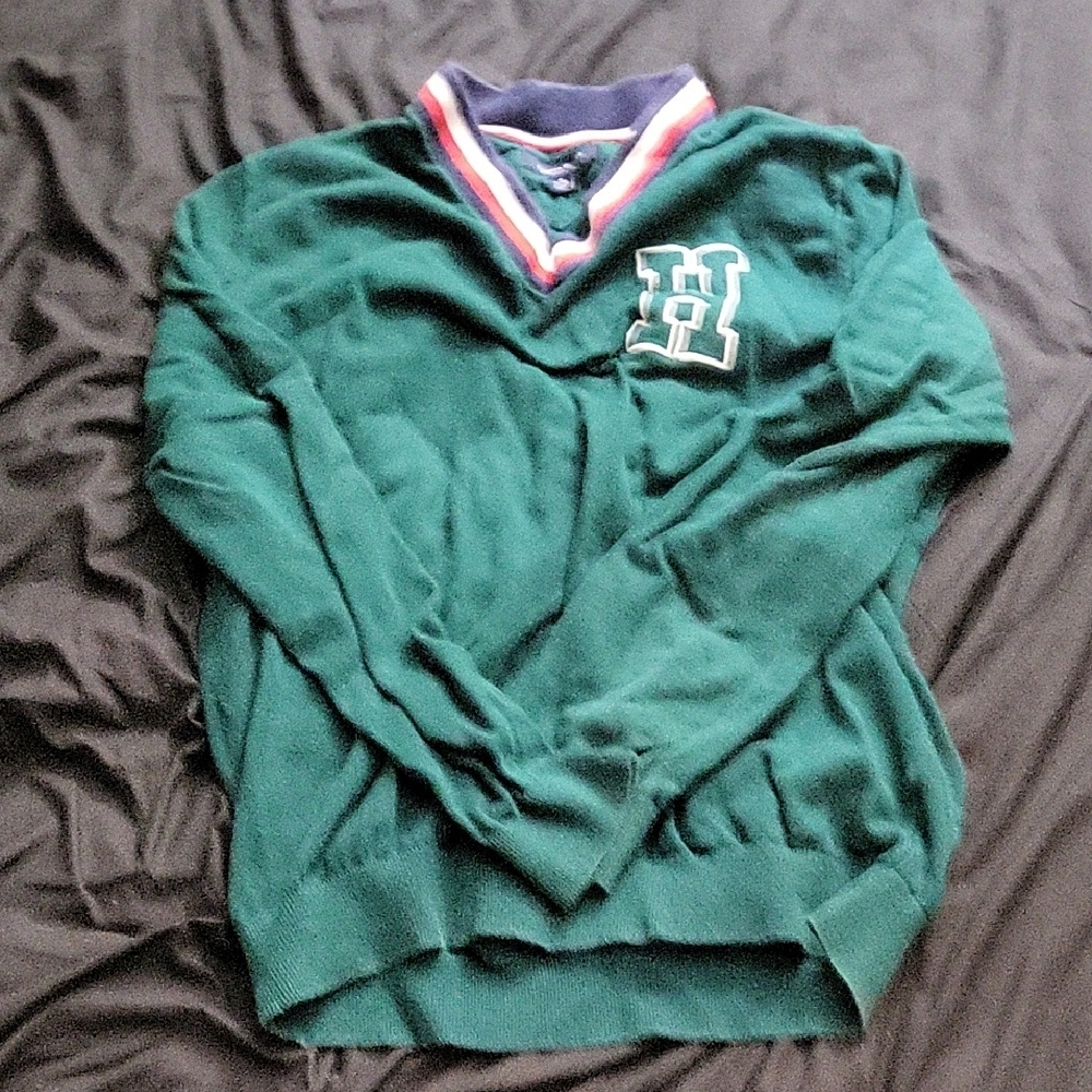 H Logo Green Sweater with Striped Collar